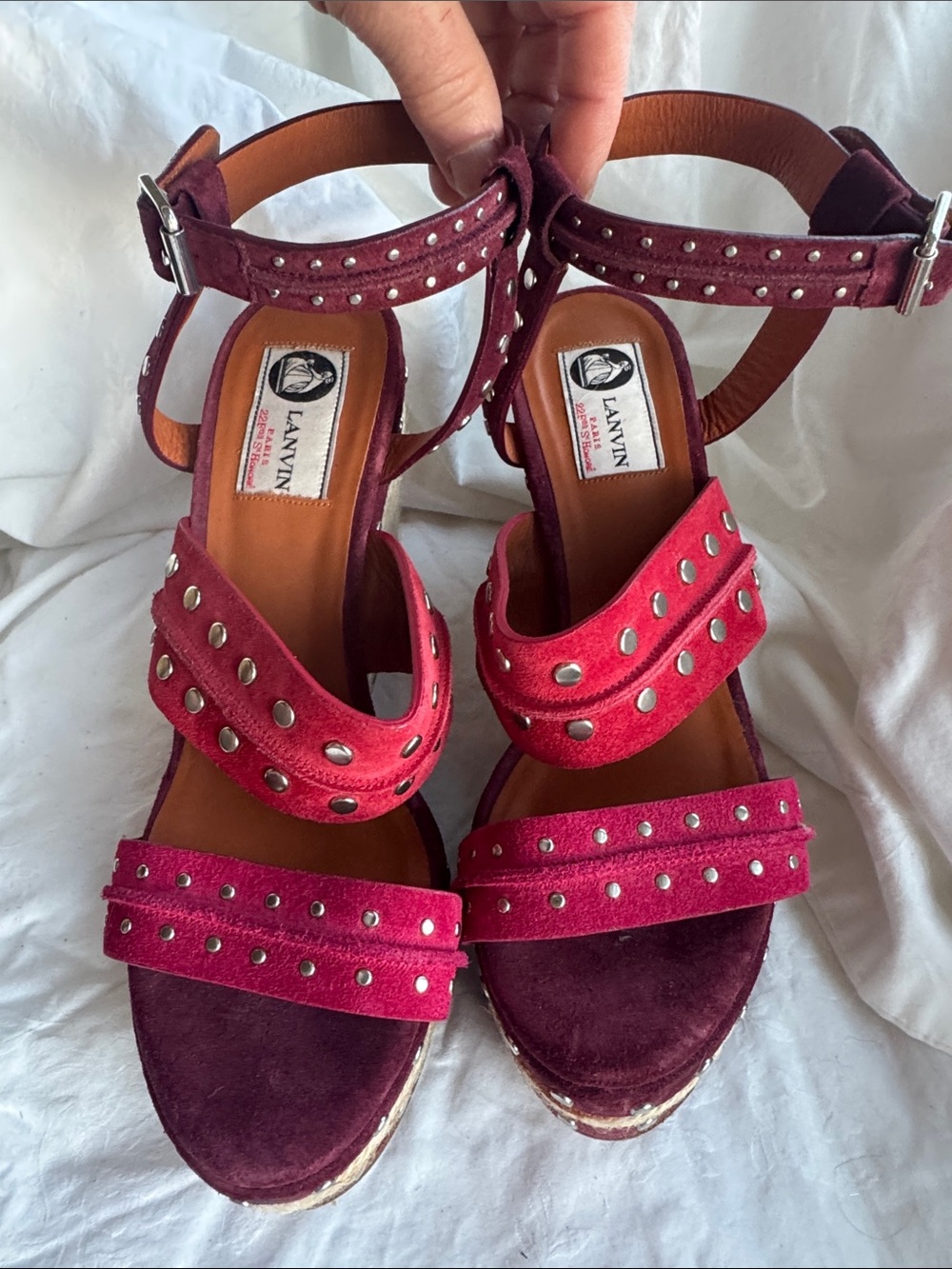 Lanvin Two-Tone Burgundy and Red Studded Suede Sandals Never worn made in Spain
